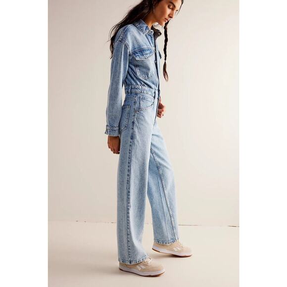 Free People Touch The Sky Jumpsuit Size Medium In Cloud 9 - Picture 1 of 10